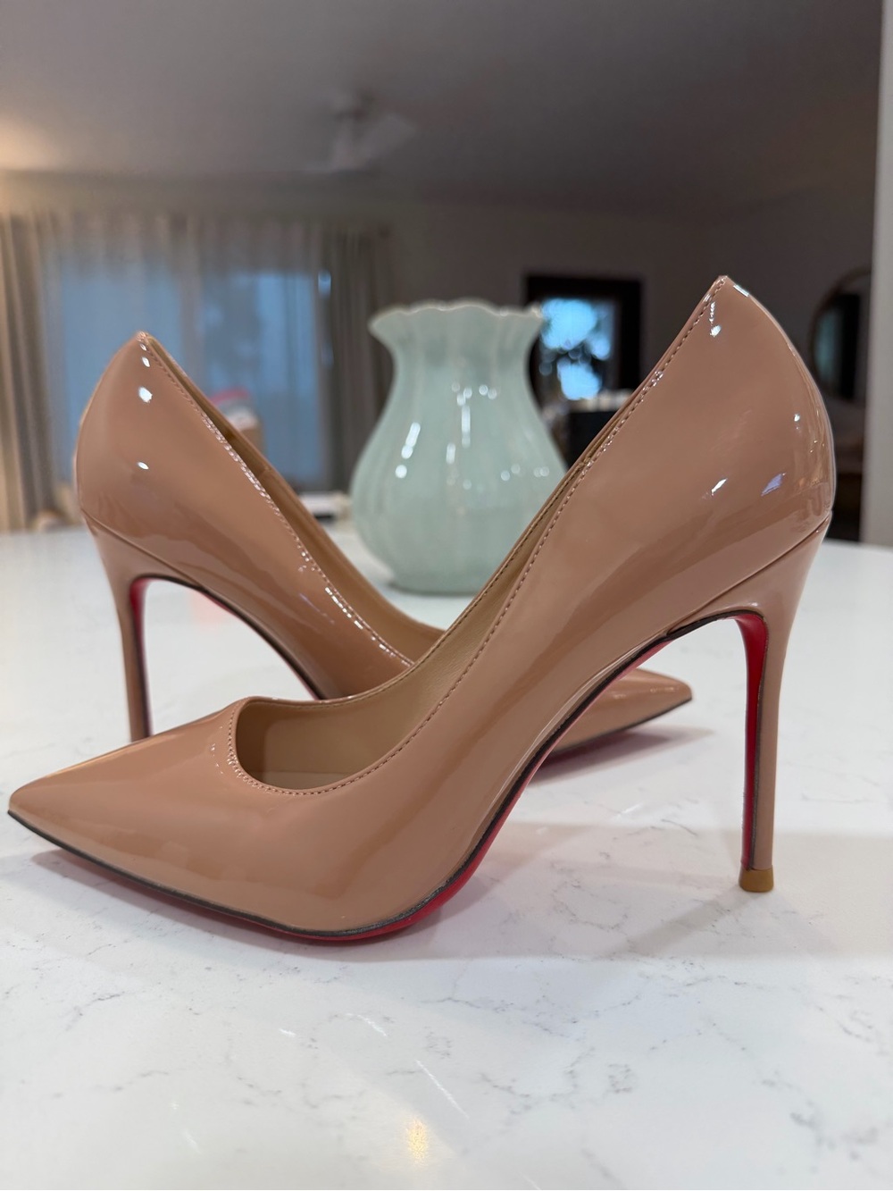 Christian Louboutin Nude Patent Leather Pointed Toe Pumps Red Bottoms Sz 38/7.5